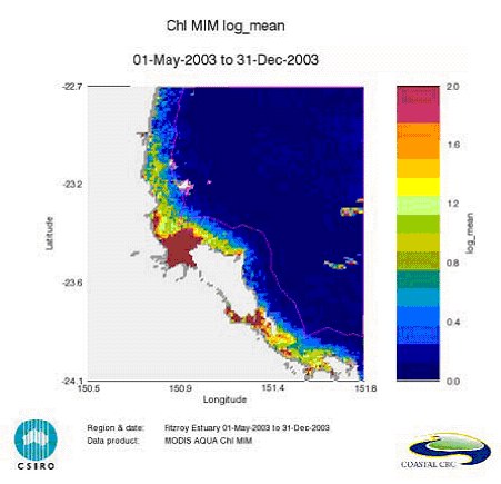 Map of the log-transformed chlorophyll values (log mean) for the dry season in Keppel Bay, Queensland Map of the log-transformed chlorophyll values (log mean) for the dry season in Keppel Bay, Queensland