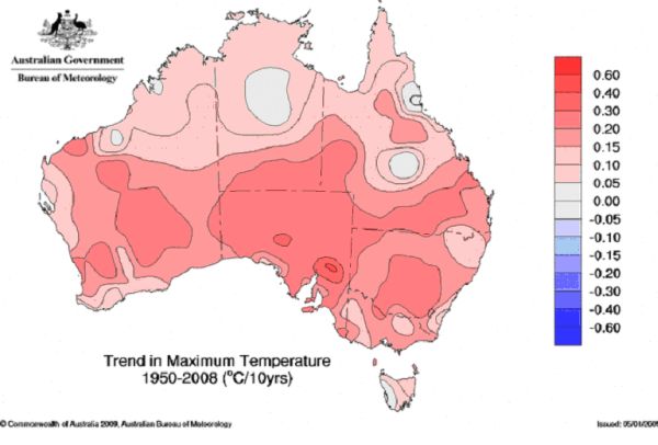 Average trend in annual mean temperature in Australia (ºc/10yrs - 1950-2001) Average trend in annual mean temperature in Australia (ºc/10yrs - 1950-2001)