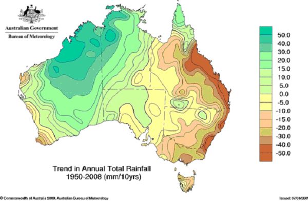 Average trend in total rainfall in Australia (mm/10yrs) 1950-2001. Average trend in total rainfall in Australia (mm/10yrs) 1950-2001.