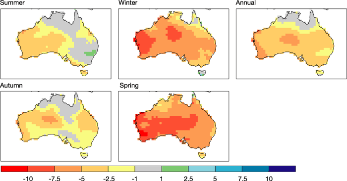 Best estimate (50th percentile) of predicted precipitation change for 2030 in Australia using the A1B emission scenario as a percentage of 1961 1990 values for summer, autumn, winter, spring and annual. Best estimate (50th percentile) of predicted precipitation change for 2030 in Australia using the A1B emission scenario as a percentage of 1961 1990 values for summer, autumn, winter, spring and annual.