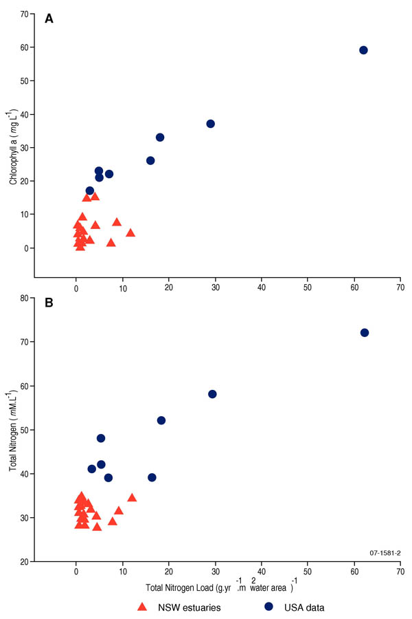 Figure of the annual average chlorophyll a concentrations vs annual average DIN concentrations for some microtidal and macrotidal estuaries Figure of the annual average chlorophyll a concentrations vs annual average DIN concentrations for some microtidal and macrotidal estuaries